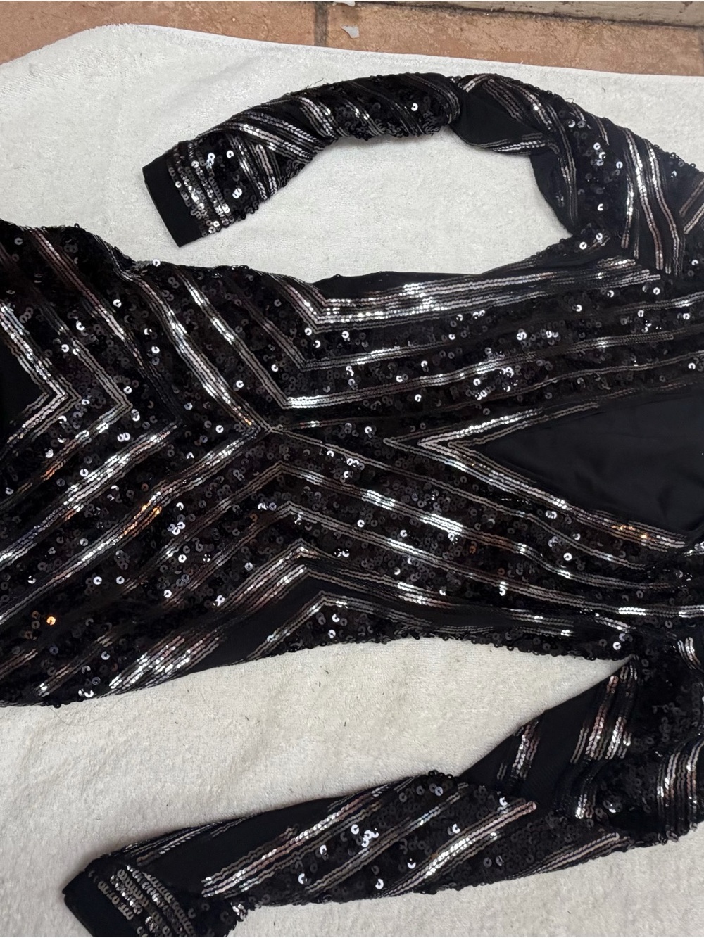 Express Black Sequin Long Sleeve Bodycon Dress with Metallic Stripes